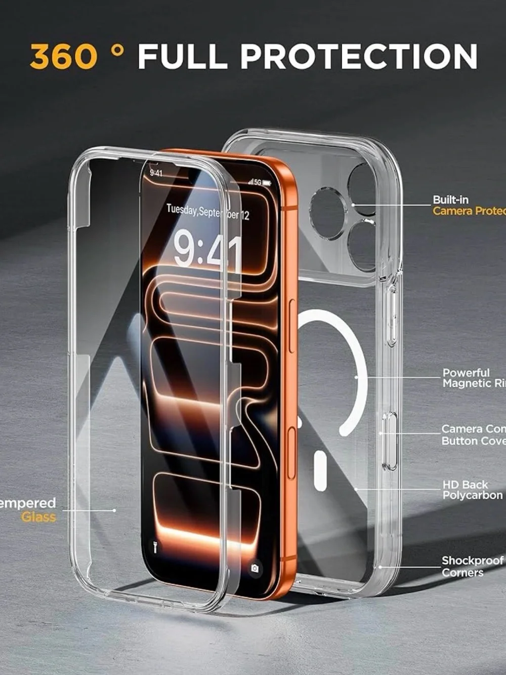 Apple-Compatible Clear Magnetic Phone Case in Orange